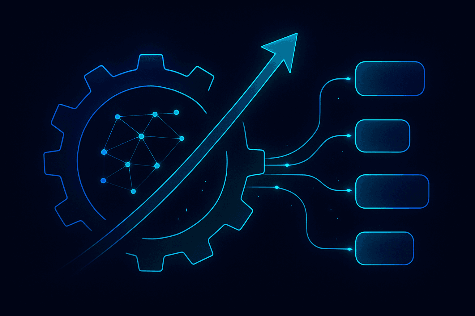 An automation pipeline: a gear and node network feeding data into connected workflow steps